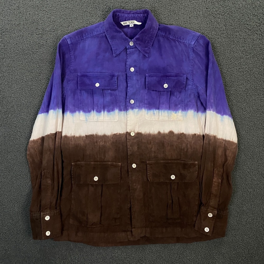 Mr Turk Shirt Jacket Mens Small Linen Silk Tie Dye Distressed Flap Pocket Resort